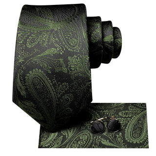 New Dark Green Black Paisley Silk Necktie Pocket Square Cufflinks Set