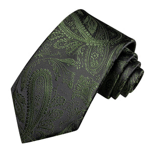 Green Black Paisley Silk Necktie Pocket Square Cufflinks Set