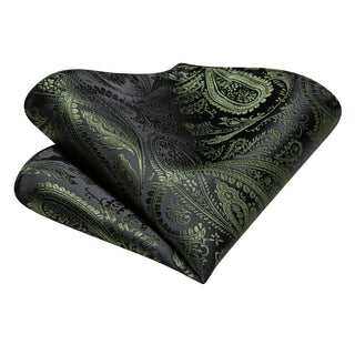 New Dark Green Black Paisley Silk Necktie Pocket Square Cufflinks Set