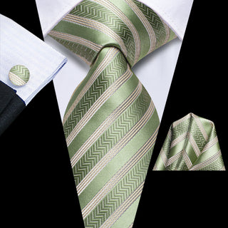 Green Champagne Strip Silk Necktie Pocket Square Cufflinks Set
