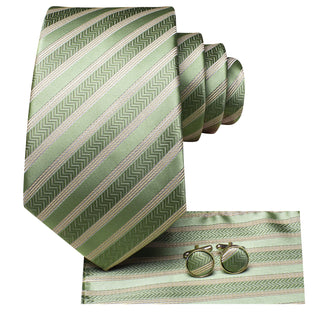 Green Champagne Strip Silk Necktie Pocket Square Cufflinks Set