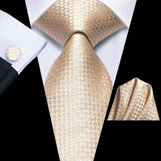 Champagne Novelty Plaid Silk Necktie Pocket Square Cufflinks Set