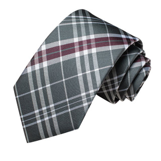 Grey Burgundy Red Plaid Silk Necktie Pocket Square Cufflinks Set