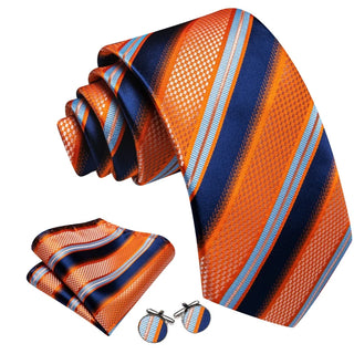 Orange Navy Blue Striped Silk Men's Necktie Pocket Square Cufflinks Set