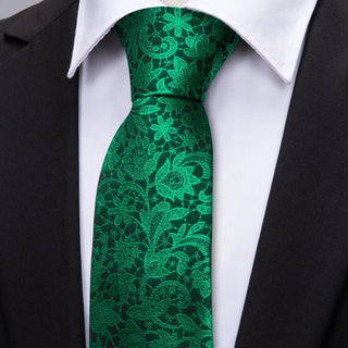 Fluorescent Green Floral Paisley Silk Men's Necktie Pocket Square Cufflinks Set