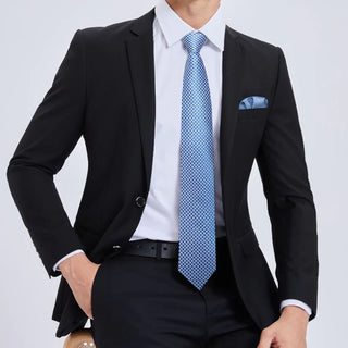 Light Blue Plaid Design Silk Necktie Pocket Square Cufflinks Set