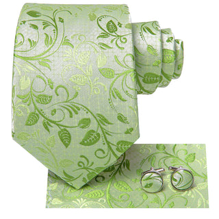 Spring Green Floral Silk Necktie Pocket Square Cufflinks Set