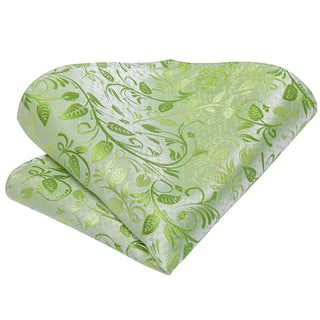 Spring Green Floral Silk Necktie Pocket Square Cufflinks Set