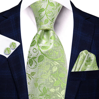 Spring Green Floral Silk Necktie Pocket Square Cufflinks Set