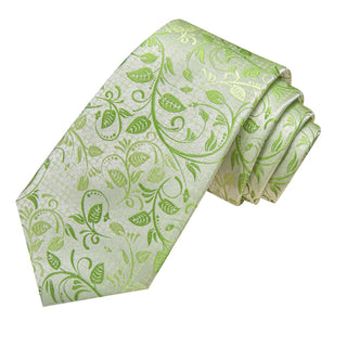 Spring Green Floral Silk Necktie Pocket Square Cufflinks Set