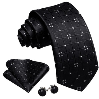 New Black White Plaid Silk Men's Necktie Pocket Square Cufflinks Set