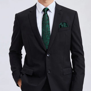 Emerald Green Floral Silk Necktie Pocket Square Cufflinks Set