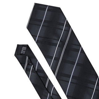 Black Silver Striped Silk Men's Necktie Pocket Square Cufflinks Set