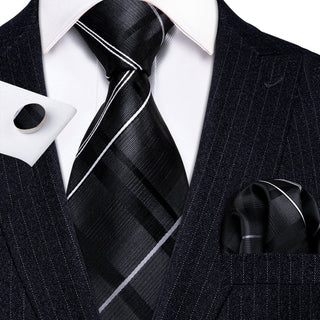 Black Silver Striped Silk Men's Necktie Pocket Square Cufflinks Set