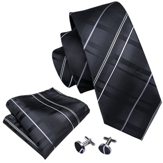 Black Silver Striped Silk Men's Necktie Pocket Square Cufflinks Set