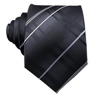 Black Silver Striped Silk Men's Necktie Pocket Square Cufflinks Set