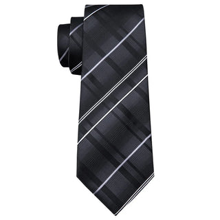 Black Silver Striped Silk Men's Necktie Pocket Square Cufflinks Set