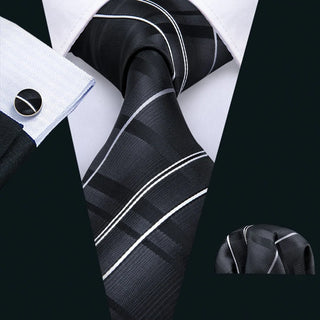 Black Silver Striped Silk Men's Necktie Pocket Square Cufflinks Set