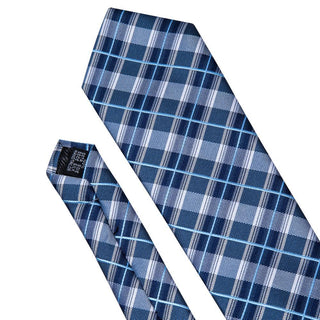 Classic Blue Plaid Silk Necktie Pocket Square Cufflinks Set