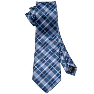Classic Blue Plaid Silk Necktie Pocket Square Cufflinks Set