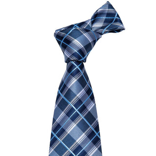 Classic Blue Plaid Silk Necktie Pocket Square Cufflinks Set
