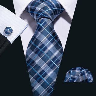 Classic Blue Plaid Silk Necktie Pocket Square Cufflinks Set