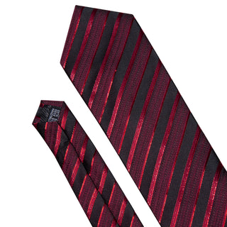 Red Tie Classic Stripe Silk Necktie Pocket Square Cufflinks Set