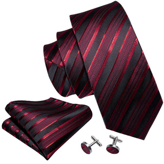 Red Tie Classic Stripe Silk Necktie Pocket Square Cufflinks Set