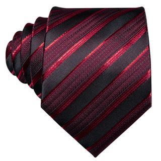 Red Tie Classic Stripe Silk Necktie Pocket Square Cufflinks Set