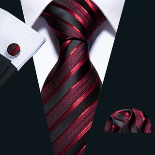 Red Tie Classic Stripe Silk Necktie Pocket Square Cufflinks Set