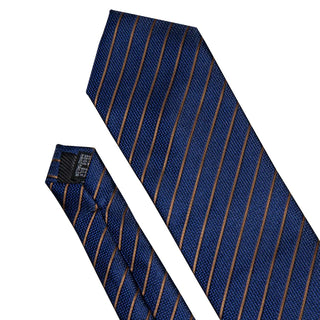 Navy Blue Gold Striped Silk Necktie Pocket Square Cufflinks Set
