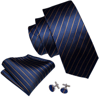 Navy Blue Gold Striped Silk Necktie Pocket Square Cufflinks Set
