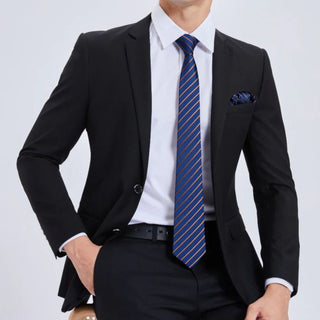 Navy Blue Gold Striped Silk Necktie Pocket Square Cufflinks Set