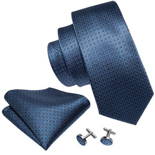 Blue Floral Plaid Silk Necktie Pocket Square Cufflinks Set