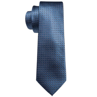 Blue Floral Plaid Silk Necktie Pocket Square Cufflinks Set