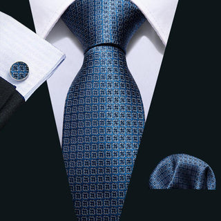 Blue Floral Plaid Silk Necktie Pocket Square Cufflinks Set