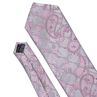 New Silver Pink Paisley Silk Men's Necktie Pocket Square Cufflinks Set