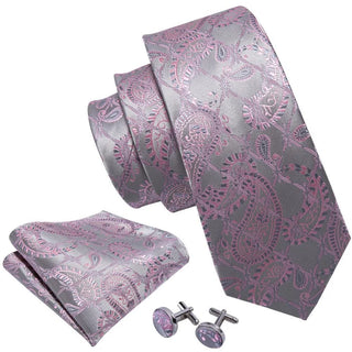 New Silver Pink Paisley Silk Men's Necktie Pocket Square Cufflinks Set