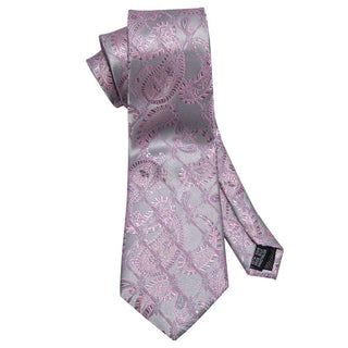 New Silver Pink Paisley Silk Men's Necktie Pocket Square Cufflinks Set