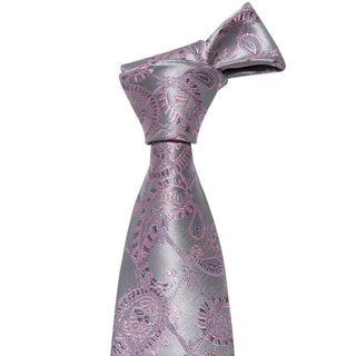 New Silver Pink Paisley Silk Men's Necktie Pocket Square Cufflinks Set