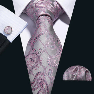 New Silver Pink Paisley Silk Men's Necktie Pocket Square Cufflinks Set