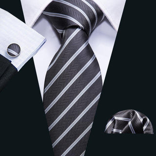 Brown White Striped Silk Necktie Pocket Square Cufflinks Set