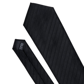 Solid Black Striped Silk Necktie Pocket Square Cufflinks Set
