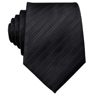 Solid Black Striped Silk Necktie Pocket Square Cufflinks Set