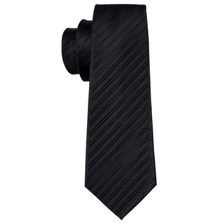 Solid Black Striped Silk Necktie Pocket Square Cufflinks Set