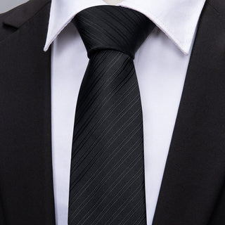 Solid Black Striped Silk Necktie Pocket Square Cufflinks Set
