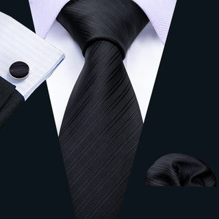 Solid Black Striped Silk Necktie Pocket Square Cufflinks Set