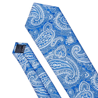 Light Blue Paisley Silk Necktie Pocket Square Cufflinks Set