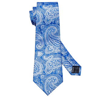 Light Blue Paisley Silk Necktie Pocket Square Cufflinks Set