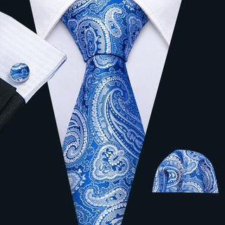 Light Blue Paisley Silk Necktie Pocket Square Cufflinks Set